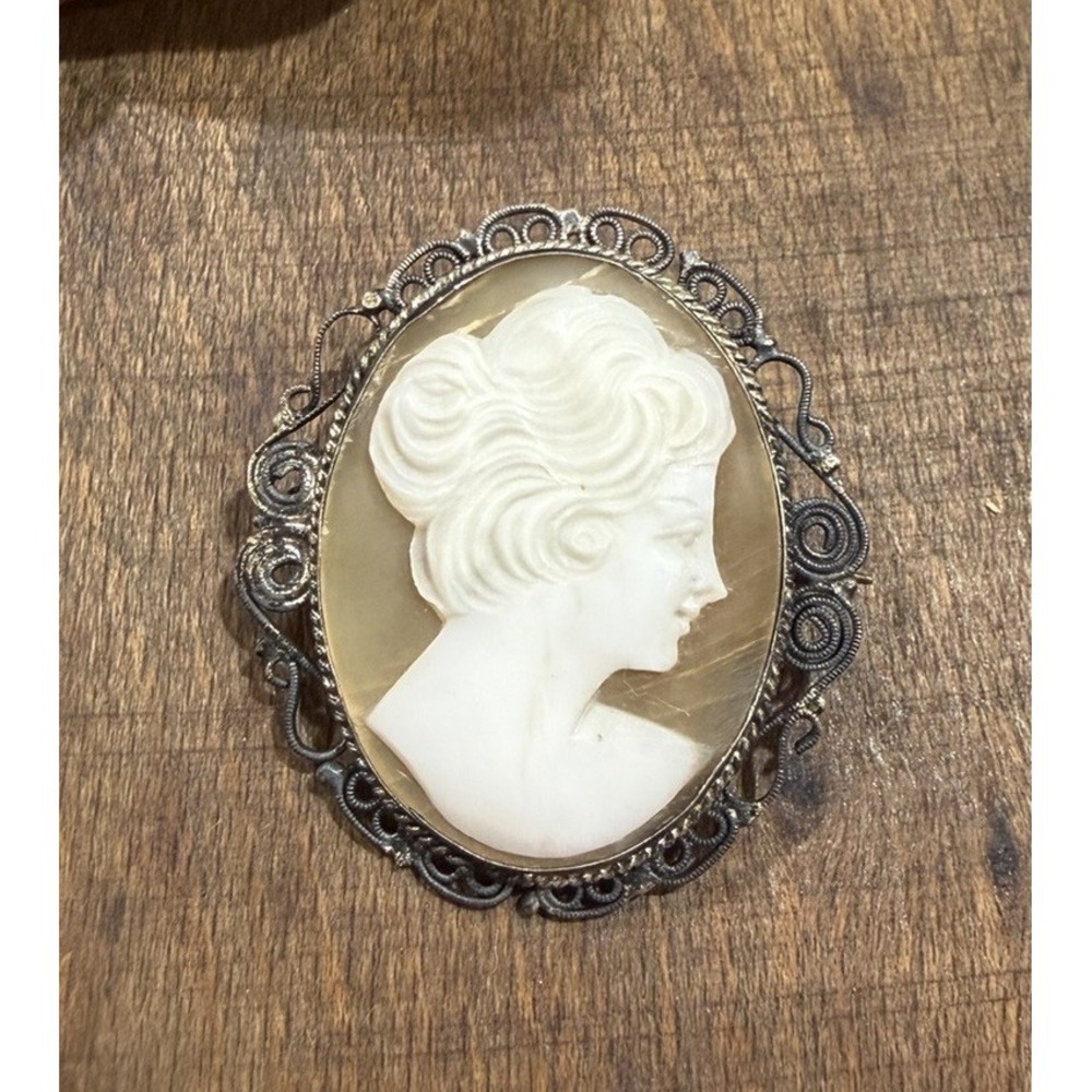 Vintage Cameo Brooch Pendant Shell 800 Silver Victorian